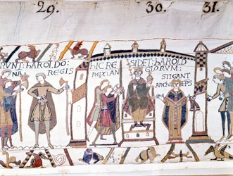 Harold II (1022 - 1066) was proclaimed king at the death of Edward the Confessor in 1066 but soon died at the Battle of Hastings. Bayeux tapestry or Embroidery by Queen Mathilde.