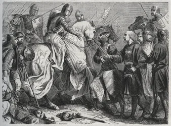 Henry III (Henry III Plantagenet of England) (1207-1272) is captured by Simon V of Montfort (ca. 1208-1265) at Lewes in Sussex 1264 - engraving 1864