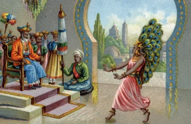 Hindu dancer adorned with peacock feathers: the inhabitants adorn themselves with peacock feathers or make fans. Chromolithography of the 19th century