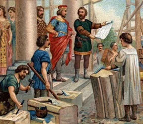 Historical episodes of famous cities: Clovis elects Paris as permanent residence (in 508). Chromolithography of the 19th century