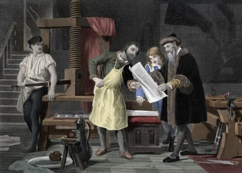 History of printing: first test of the Bible printed by the press of Johannes Gutenberg represented with Johann Fust - 1453 The first proof sheet from Gutenberg