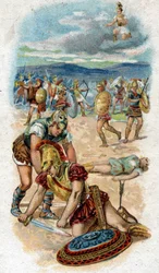 History of the life of Achilles, legendary hero of the Trojan War: death of Achilles, at the foot of the walls of Troy, the heel, his weak point, pierced by an arrow shot by Paris. Chromolithography of 1890.