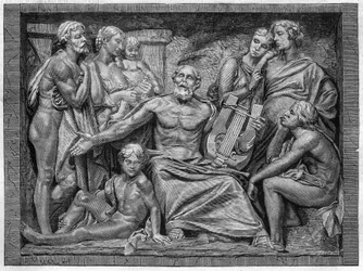 Homer singing with his lyre in a town in Ionia. Engraving after the low relief of Mr. Hugues, grand sculpture prize of the 1875 school competition.