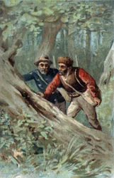 Honey hunters in Canada looking for a swarm tree. Chromolithography of the late 19th century