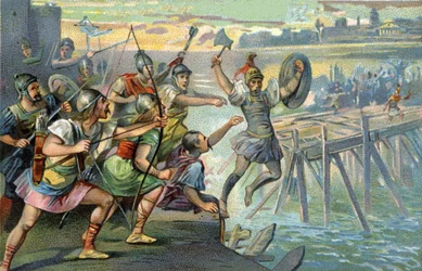 Horatius Cocles (Horatius the One-Eyed), legendary hero defending the only bridge that crossed the Tiber, while the young Roman Republic was threatened by the Etruscan Lars Porsenna, 507 BC.