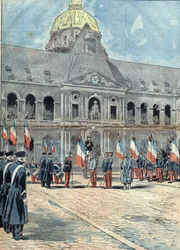 Hotel des Invalides - Paris - 26 June 1898: a delegation handed over to General Arnoux, governor of the Invalides, the flag of the Regiment of Algerie that floated on 30 September 1895 on the palace of the Queen of Tananarive. Illustration in Le Pelerin