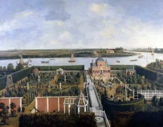 House on the banks of a river. 17th century illustration. Historic Museum of Amsterdam