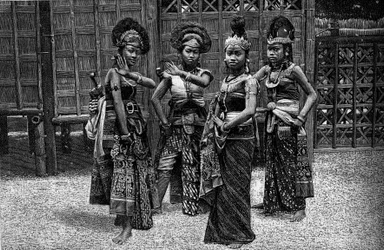 Human Zoo: Javanese dancers in kampong, at the World Exhibition of 1889. (From a photograph by Mr. Levy). Engraving in Le Journal de la jeunesse