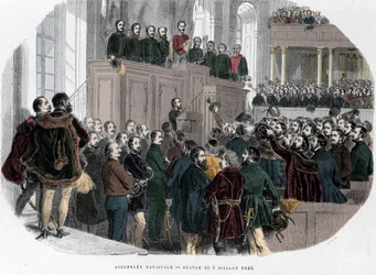 Hungarian Revolution of 1848: First meeting of the National Assembly in Hungary on 5 July 1848. Engraving in “Historical Hungary” by J. Boldenyi, Paris 1853