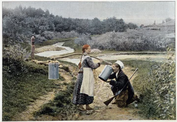 Hunter and girl at the fountain (Russia) - photography, late 19th century