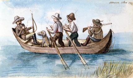 Hunters in the marshes. Drawing
