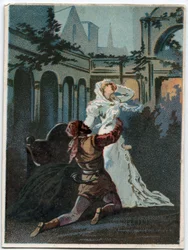 Illustration of Ernani by Italian composer Giuseppe Verdi, act 2, scene IV opera created in 1844 after the tragedy Hernani by Victor Hugo. Chromolithography of the late 19th century.