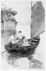 Illustration of “Red and Black” by Stendhal. 1830. Julien Sorel and Madame de Rênal represented on a sailboat. Engraving from the end of the 19th century.