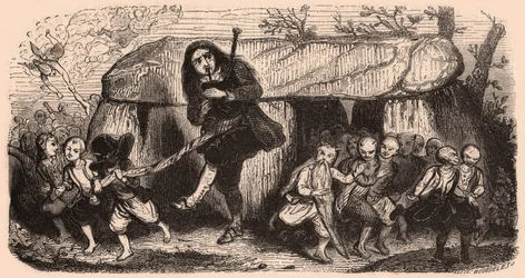 Illustration of a legend after Breton traditions: the Lao bagpipe player and goblins dancing in front of a dolmen