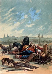 Illustration showing Lilliputians attaching Gulliver. Chromolithography, late 19th century
