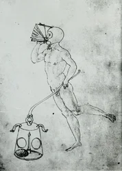 Drawing depicting a bellows for breathing underwater in a volume by Francesco di Giorgio