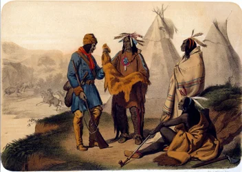 A trapper bartering with Native Americans