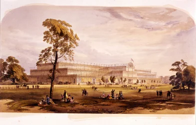 Industrial revolution: view of the Crystal Palace, built by Joseph Paxton for the 1851 World Exposition in London (Hyde Park) 19th century