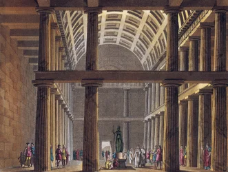 Interior of Parthenon - Statue of the Goddess Athena Inside the Parthenon of Athens, Ancient Greece (Engraving around 1820)