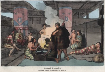 Interior of a large communal house in Nootka Sound, with villagers smoking and drying fish, sleeping and caring for children - engraving from 