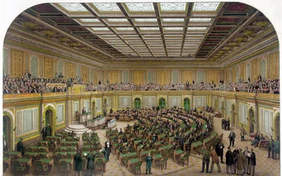 Interior View of the House of Representatives of US Capitol Showing the Congress in Session and the Spectators in the Gallery - Engraving 1866