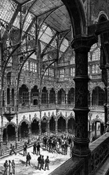 Internal view of the Antwerp Stock Exchange in the 19th century. Engraving in 