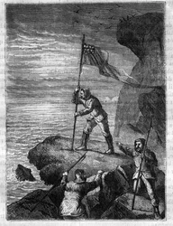 Isaac Israel Hayes (1832-1881), American Arctic explorer, planting the national flag of the US on the shores of the Arctic Ocean during his expedition to find the supposed Open Polar Sea