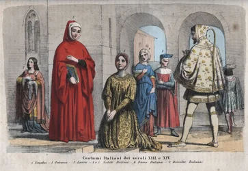 Italian Fashion of the XIII and XIV Century - Cenni di Pepo, dit Cimabue (1240-1302) - Francesco Petrarca (Petrarch) (1304-1374) - Laura de Noves (1310-1348) - Italian Nobles - Italian Woman - Italian Damsel - engraving from 