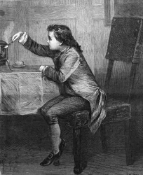James Watt (1736-1819) as a child discovering the laws of steam. Engraving of 1868 after the painting by Marcus Stone.