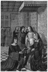 Jean Marot, poet, offering a volume of poetry to Queen Anne of France. Engraving of the 19th century