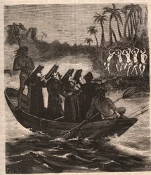 Jesuit missionaries arrive by boat among the Guarani Indians in Paraguay in 1553 - Engraving of 1879 in 