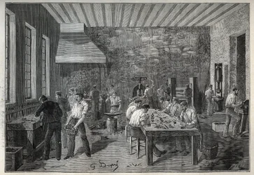 Jewellery: steel jewelry factory. Engraving from 1885 in 