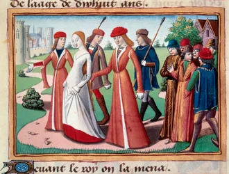 Joan of Arc (1412-1431) led near Charles VII by the Dolphin Court in Chinon. Miniature from the manuscript of 