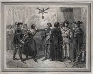 Joan of Arc, arrived at Chinon (1429) recognized in Charles VII, who was in the crowd of courtiers (engraving in 