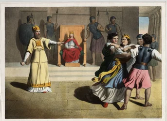 Joash (Jehoash) Chased Out of the Throne and Ordered the Death of Queen Athaliah with the Help of the Priests and Thus Became King of Judah. Anonymous Engraving from the Middle of the 19th Century.