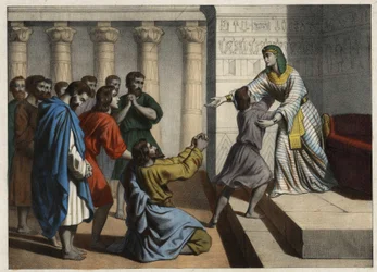 Joseph the Patriarch, named Vizir of Egypt, is recognized by his brothers who made him believe in his death and ask for forgiveness (Anonymous engraving of the 19th century)
