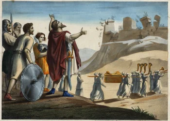 Joshua before the city of Jericho. The walls crumble to the sound of the trumpets