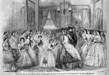 Journey of Emperor Napoleon III (1808-1873) and his wife Eugénie de Montijo (1826-1920) to the Duke of Savoy following the annexation of the County of Savoy (March Turin Treaty): here the imperial couple visiting Grenoble meet young girls who came to prese