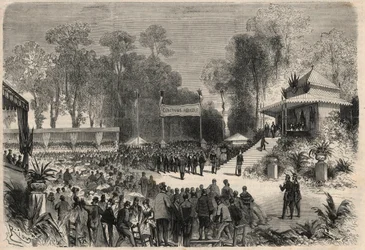 Journey of Napoleon III (1808-1883) and the Empress Eugenie de Montijo (1826-1920) to Rouen: distribution of awards at the agricultural competition. Engraving in 