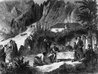 Journey of Napoleon III, Emperor of the French, to Algeria. September 1860. Napoleon III lunch at the creek of the monkeys receives Barka. Engraving from 1865.