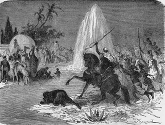 Joy of the Arabs at the sight of the flow of water from the Artesian well of Sidi-Rached, forged by the French, in the Sahara desert
