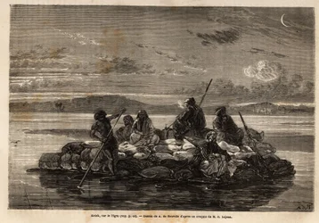 Kelek on the Tigris, traditional commercial raft, wooden floor supported by a layer of air-inflated skins, for the transport of goods and passengers, the boat follows the watercourse, once it arrives at its destination, the raft is demolished, the wood