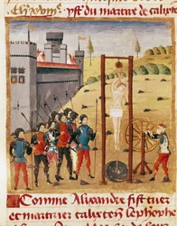 King Alexander the Great attends the execution of the noble Calixten Cephobe by hanging. Miniature from 