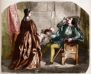 King Charles VI of France, known as Charles the Good Aime, then Charles the Fol with his mistress Odinette de Champdivers. Engraving in The history of prostitution and debauche among all the peoples of the world from Antiquity