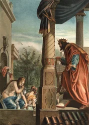 King David and Bethsabee, his future wife in the bath, in ‘El Culto de la Hermosura’ by Juan Justo Huguet, Molinas Hermanos editores