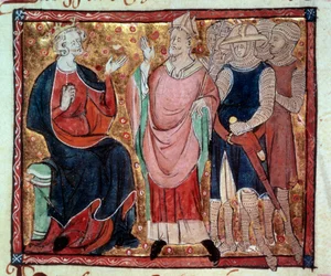 King Henry II of England receiving a bishop and soldiers