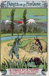 The Grasshopper and the Ant - Fables by Jean de La Fontaine (1621-95) - Chromolithography of the End of the 19th Century Private Collection