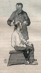 Judicial anthropometry or bertillonage, method of Alphonse Bertillon: measuring the transverse diameter of the skull - Engraving In La Science francaise