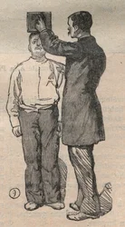 Anthropometric Judicial System or Bertillonage, method of Alphonse Bertillon: height measurement - Engraving in 