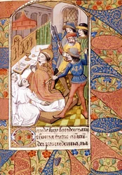 The assassination of Saint Thomas Becket (1118-1170), English prelate and politician. 14th-century miniature. Victoria and Albert Library, London.